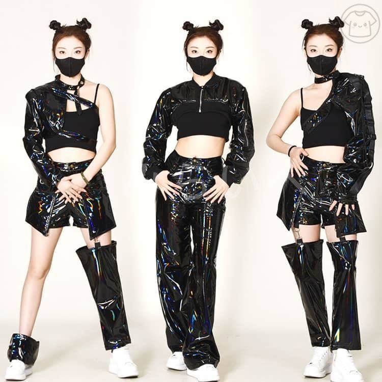 大人 韓国 ダンス衣装 セットアップ ヒップホップ ダンス衣装 レディース 黒 フェイク レザー パンツ キッズ 女の子 ジャズダンス衣装 上下