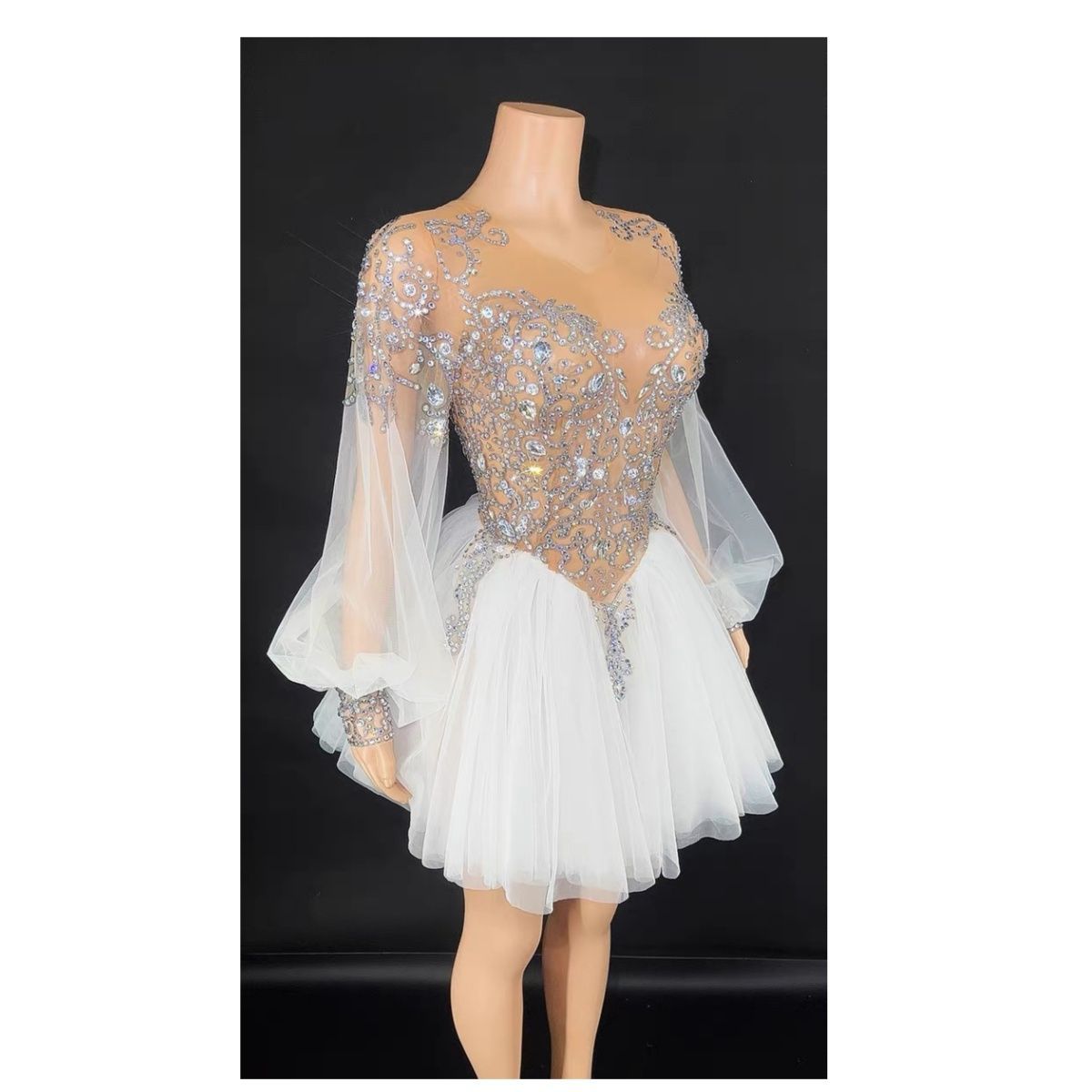 社交ダンスドレス ベリーダンス衣装 フリル ミニスカート ロングスリーブ 全面ダイヤモンド シースルー ステージ イブニングドレス 5 選択 LLC-HASEGAWATOSO_COM