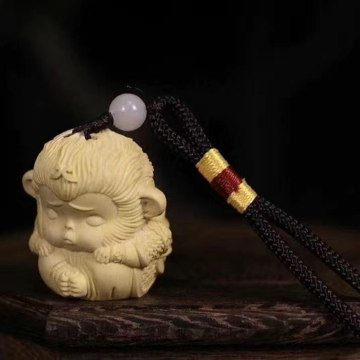 彫刻 天然木 静思 木彫り 可愛い孫悟空 お念猿 オブジェ 置物聖