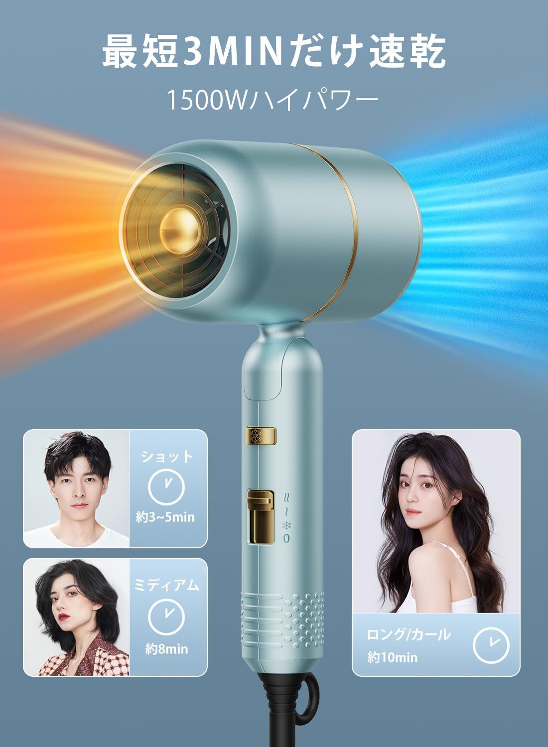 ヘアドライヤー 青調 ドライヤー マイナスイオン 速乾 大風量 1500W