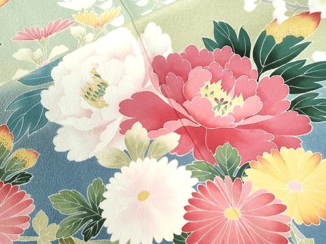 平和屋着物○訪問着 友禅 作家物 牡丹枝垂れ草花文 暈し染め 正絹 逸品