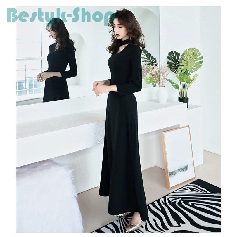 上品ブラック ロングドレス Vネック パーティー 発表会 上品ブラック ロングドレス Vネック パーティー 発表会 ロングドレス