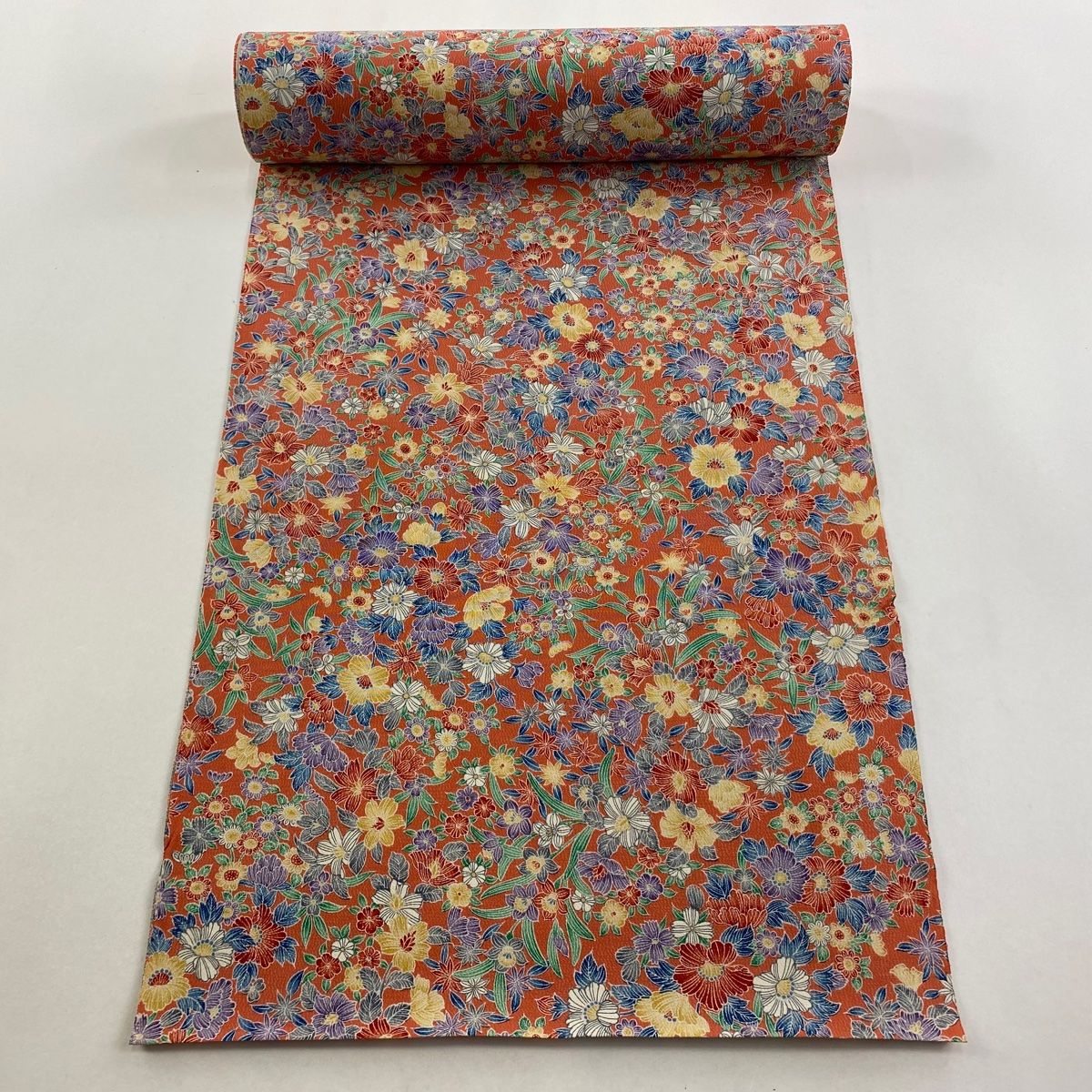 反物 秀品 小紋 草花 薄オレンジ 正絹