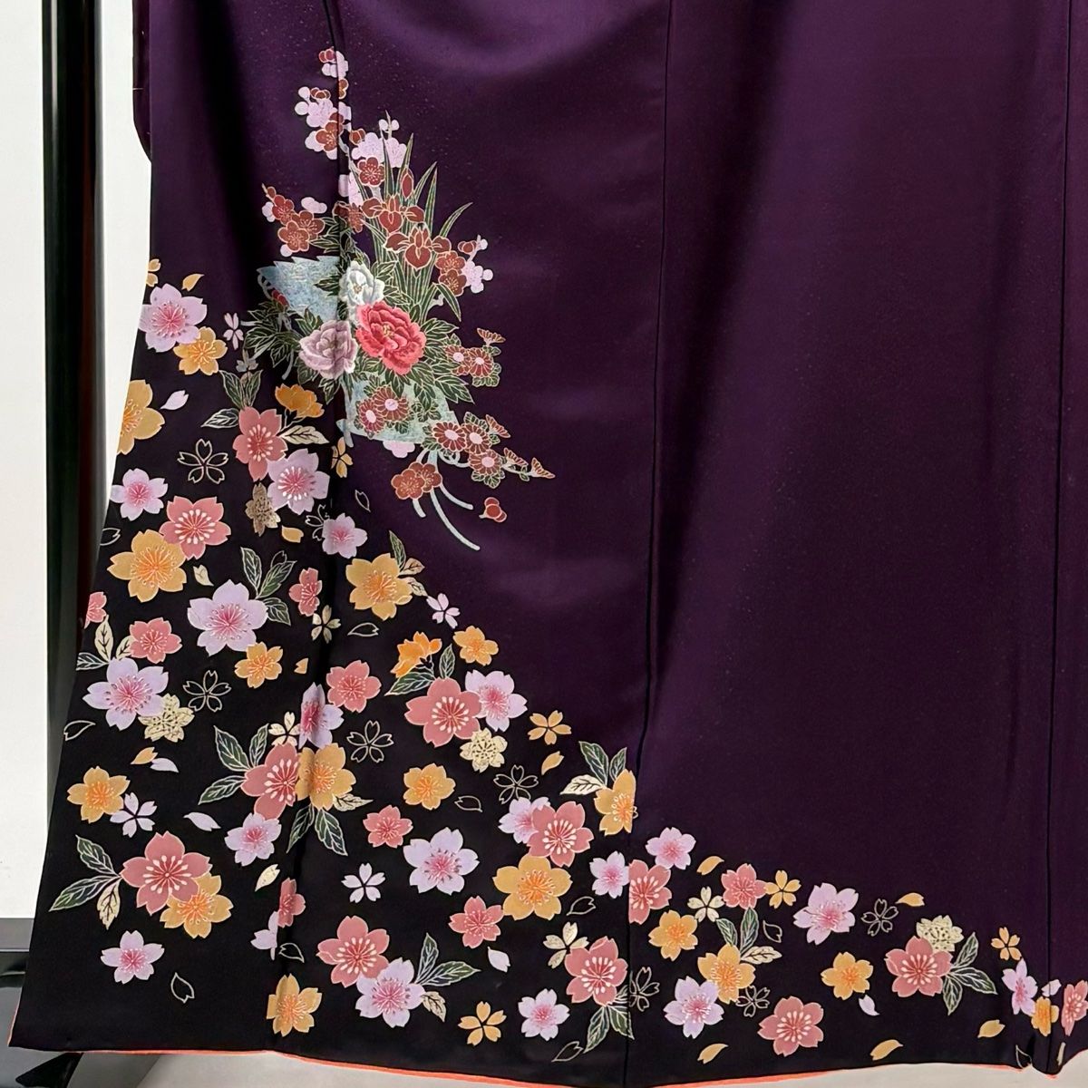 振袖/鼓草花金彩染め分け紫中古美品振袖set/身丈167.5裄丈66.5紫成人式 振袖 身丈165cm 裄丈66.5cm M 袷 桧扇 草花 金彩 刺繍 紫 正絹