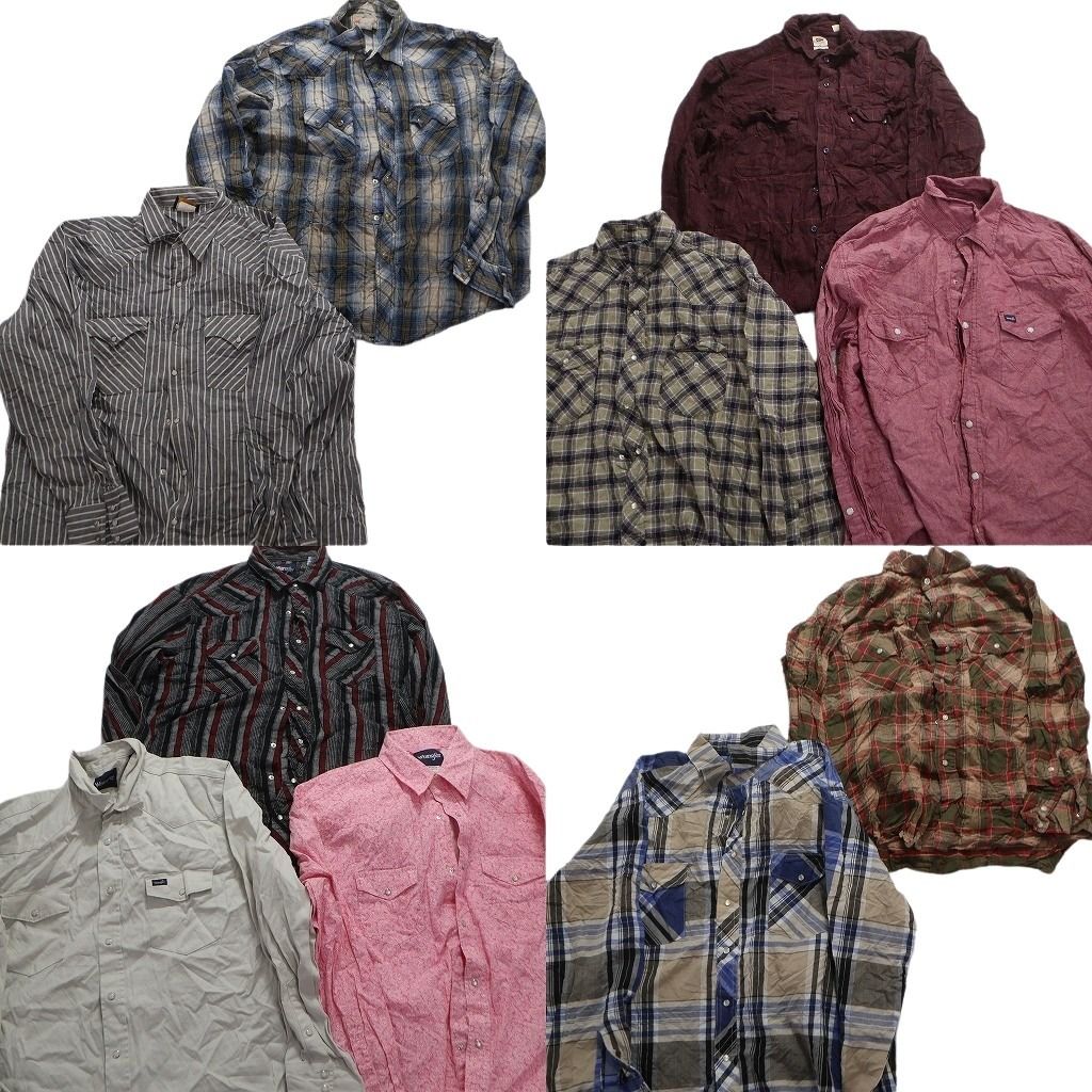 古着卸 まとめ売り ウエスタン 長袖シャツ 10枚セット (メンズ XL ) ラングラー リーバイス ダブルフラップ ストライプ 中古 古着 MY4973