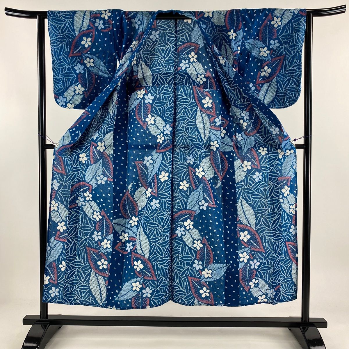 浴衣 身丈149cm 裄丈62cm S 絞り浴衣 もりあがり 花 葉 絞り 青緑 綿  