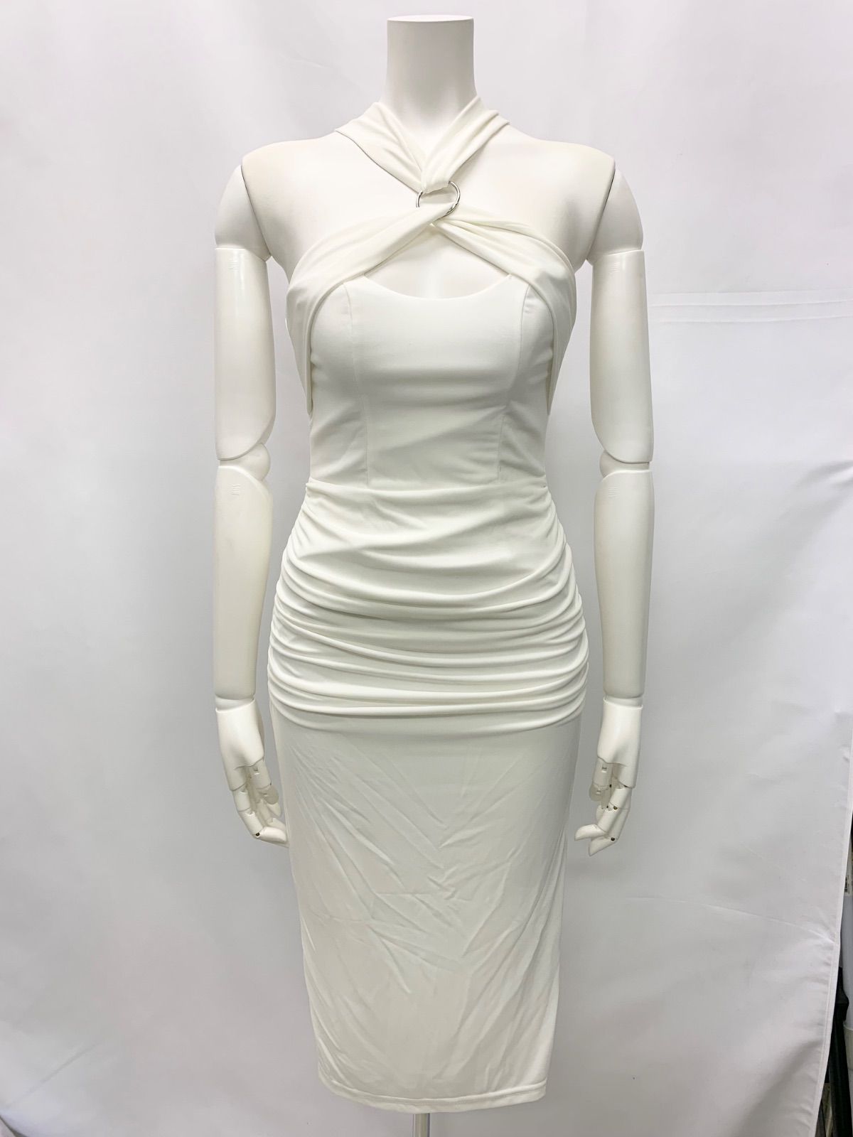 ホルターネックドレス ミディ丈 ドレス キャバドレス 白 タイト 上品