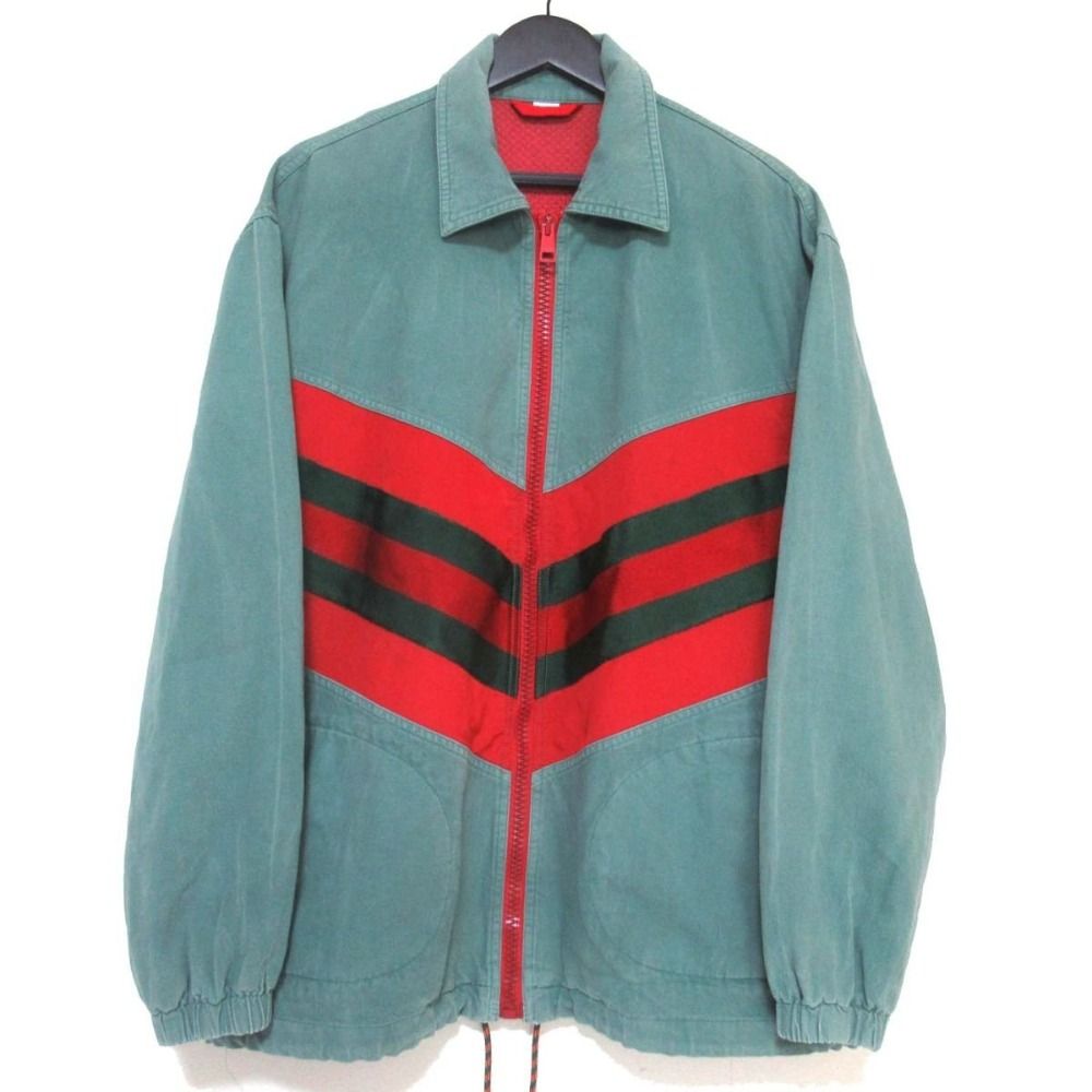 美品 20AW GUCCI グッチ シェリーライン ジップアップ ウォッシュデニム トラックジャケット 599939 XDAYG 46 170/88A グリーン レッド系 メンズ 古着 中古 USED