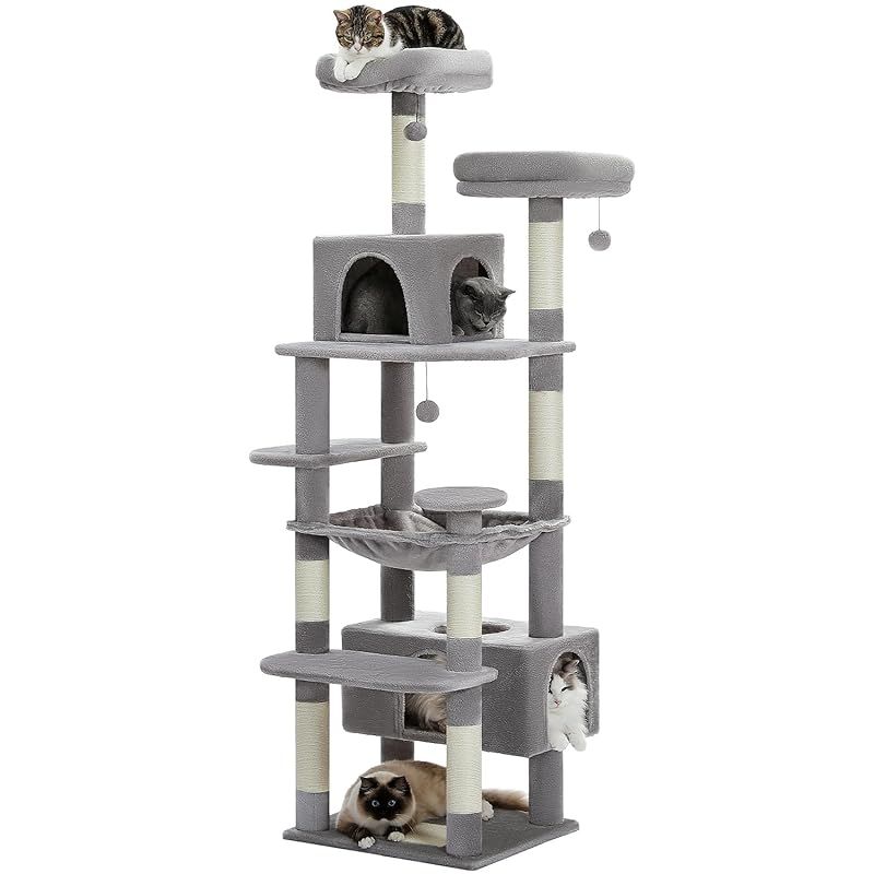 PETEPELA ぺテぺラ キャットタワー 大型猫用 コンパクト 多頭飼い 据え置き型 スリム ハンモック 麻紐爪とぎポール 猫のおもちゃ 転倒防止ベルト付き 展望台 猫ベッドカバー取り外し 運動不足解消 - 高さ180cm グレー 1