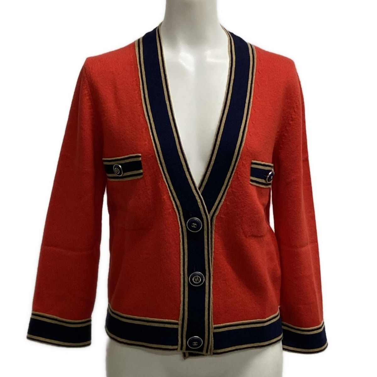CHANEL - CHANEL(シャネル) カーディガン サイズ36 S レディース美品  - P62955 レッド×ダークネイビー×ベージュ 長袖/カシミヤ/2020年 カシミヤ CHANEL(シャネル) カーディガン サイズ36 S レディース美品