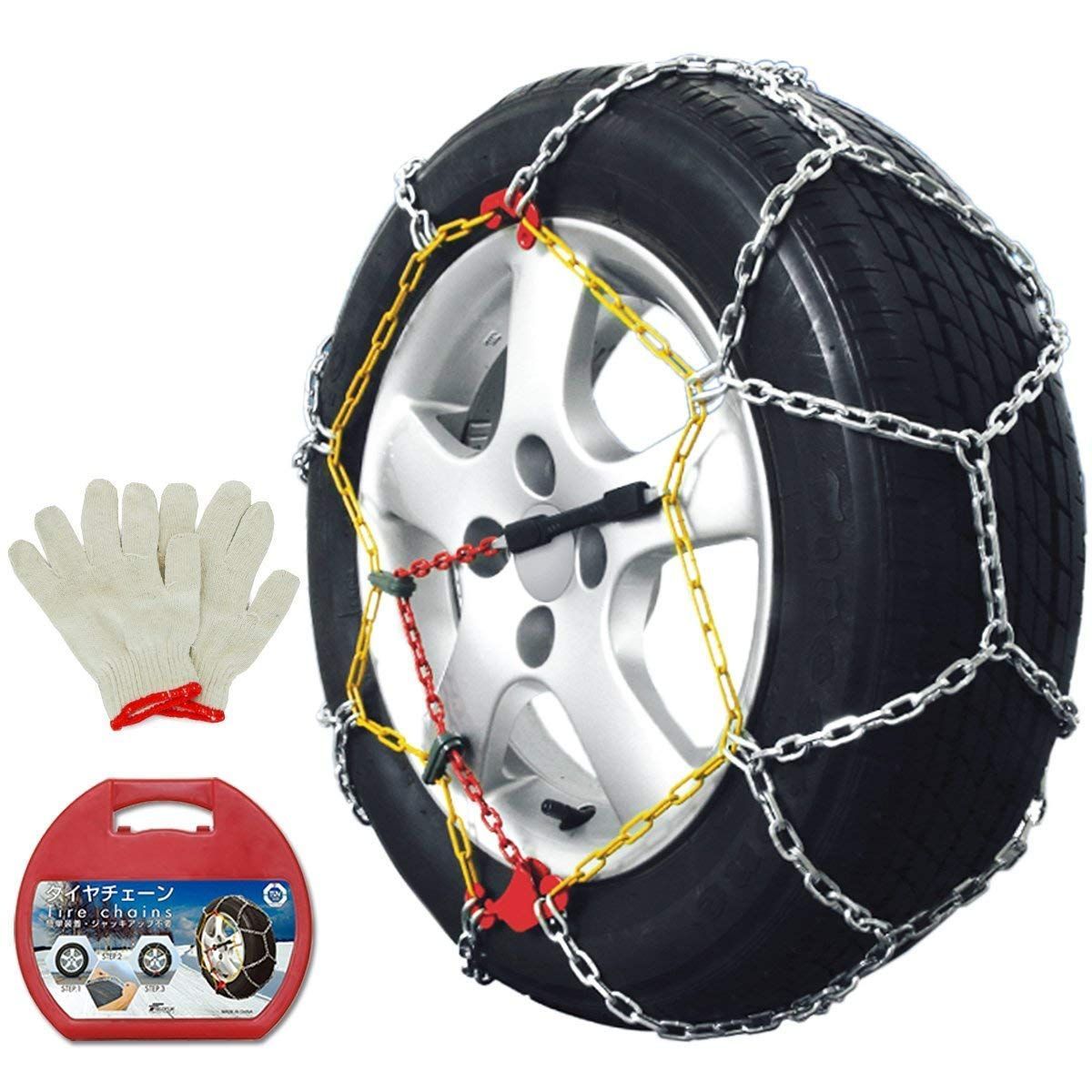 新品 FIELDOOR タイヤチェーン スノーチェーン 乗用車 軽自動車 簡単 ジャッキアップ不要 亀甲型 横滑り 滑り止め 静寂性 女性 凍結 冬道 雪道 道路 TUV/GS規格認証 作業手袋付き [KN-20]