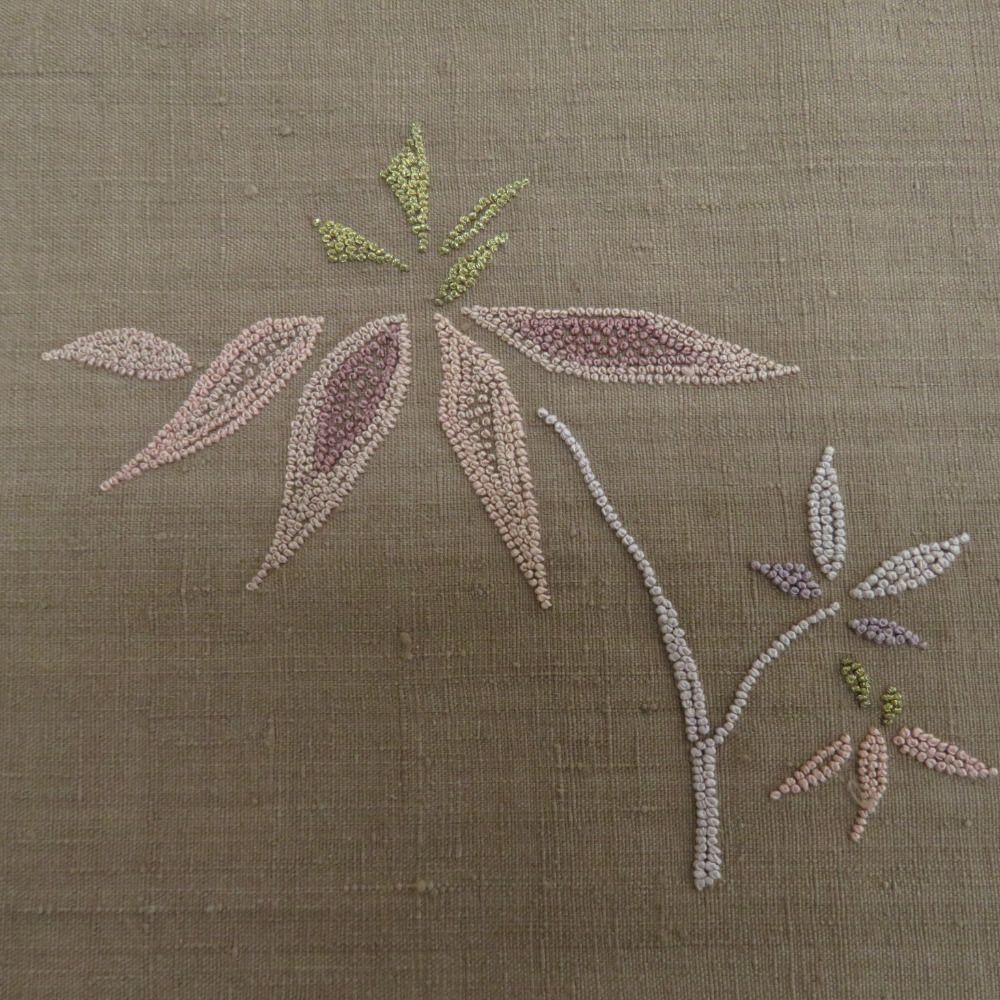 袋帯 洒落袋帯 さがら刺繍 竹文様 お太鼓柄 茶色 紬地 正絹 長さ456cm