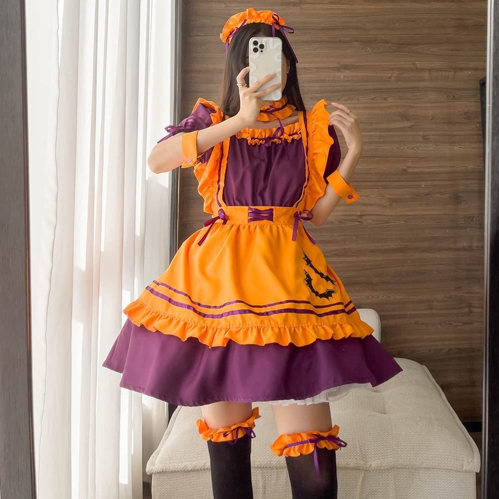 [RPFLQ] ハロウィン メイド服 オレンジ コウモリ コスプレ ハロウィン 仮装 レディース エプロン カチューシャ 衣装 可愛い 大人用 ワンピース 7点セット ニーハイソックス付き