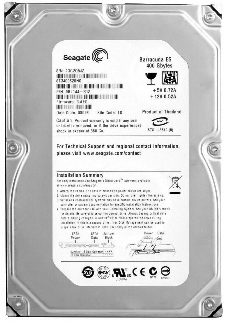 Hard Drive Seagate Barracuda ST3400620NS 400GB SATA II 7200 RPM 16MB 3.5 Inch