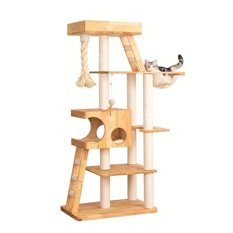 キャットタワー 猫タワー 木製 大型猫 ナチュラル シンプル おしゃれ 可愛い インテリア 北欧 多頭飼い 据え置き スリム 宇宙船ボウル 隠れ家 展望台 かご おもちゃ 爪とぎ 運動不足解消 安定 超厚板 ラバーウッド サイザル麻 48×70×157cm