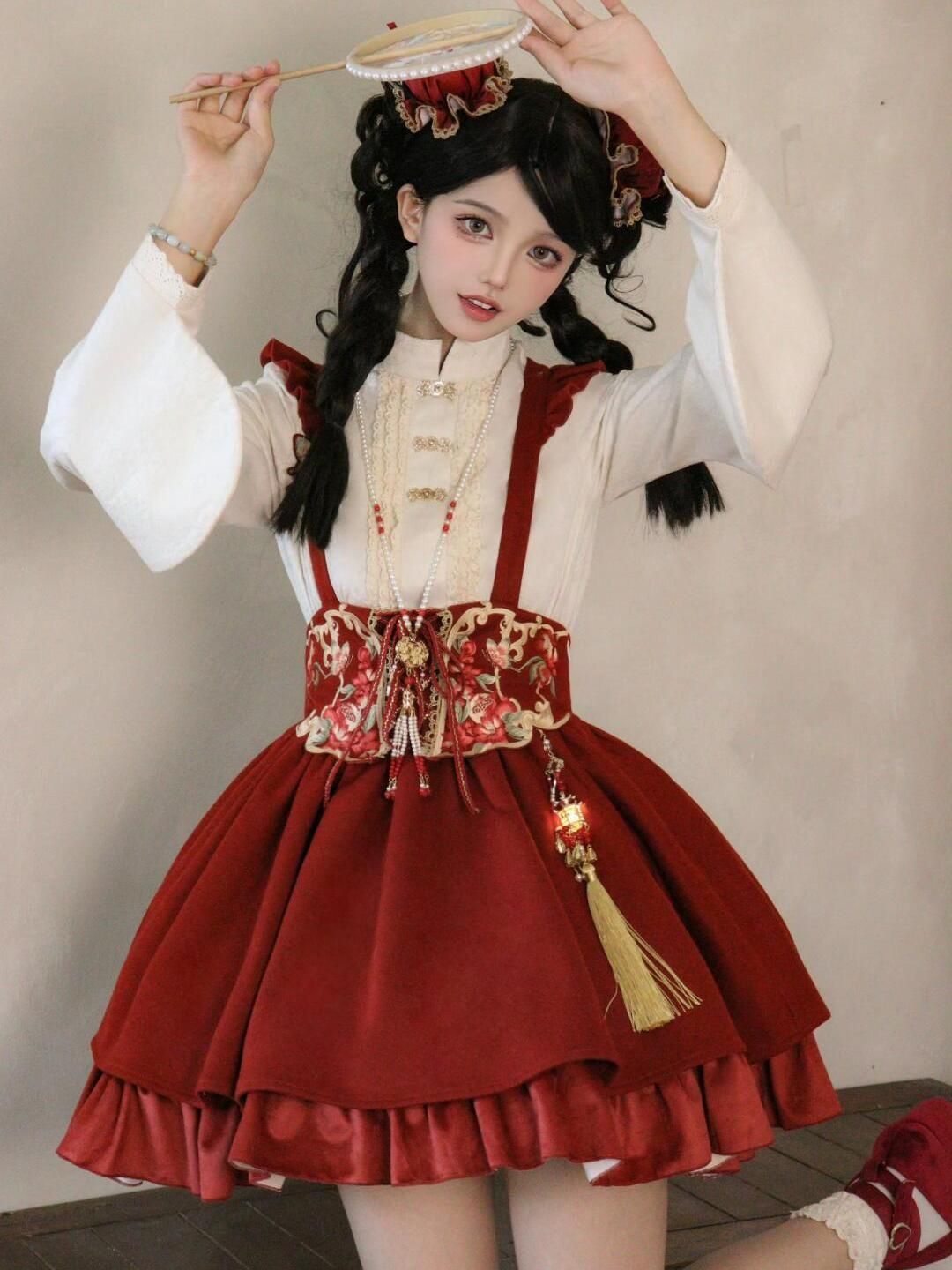 立領ブラウス＋刺繍入りマーメイドスカート＋フリル付きベスト 3点セット