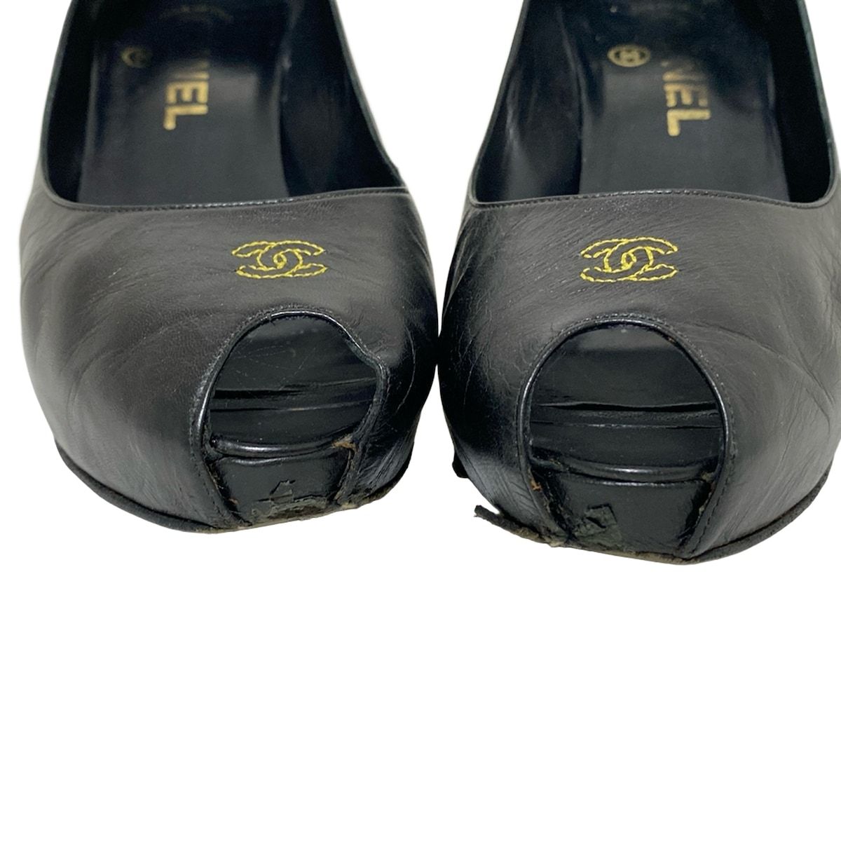  CHANEL シャネル パンプス 36 C レディース - 黒 オープントゥ レザー ハイヒール パンプス パンプス