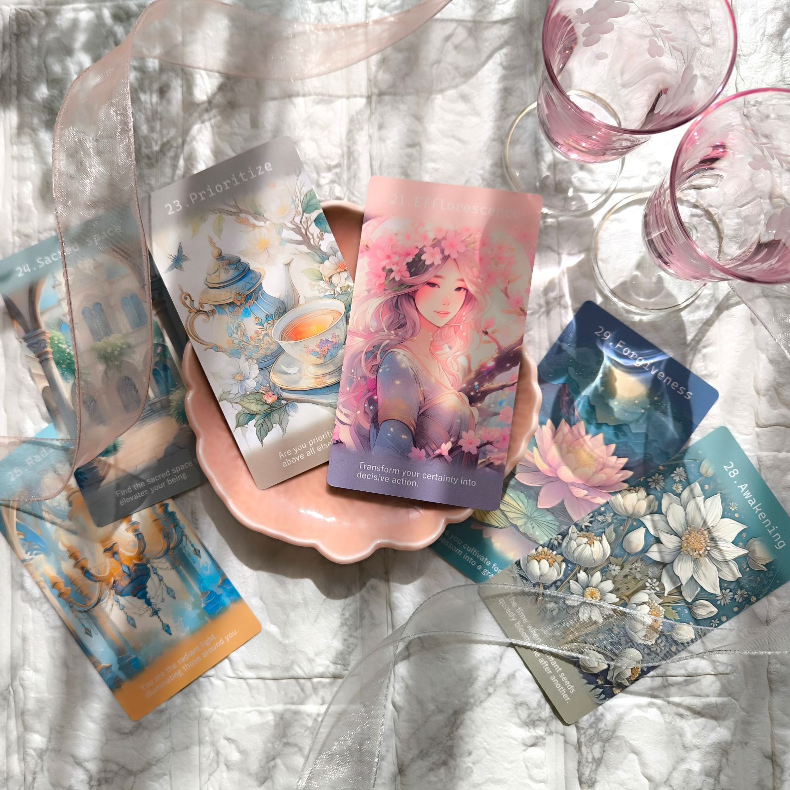 春の新作＊ネオンパステルと光あふれる女神の世界＊心理士が作る44枚組オラクルカード「ReYOU design CARDS」｜あなたのお気に入りの場所でセルフカウンセリング｜前向きで思考整理できるメッセージで疲れた心にリラックスと元気をチャージ｜マット加工版