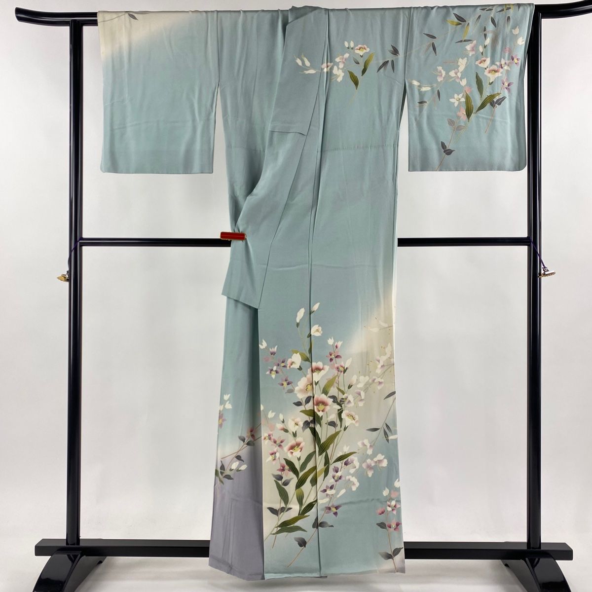 訪問着 身丈159cm 裄丈66cm M 袷 落款 草花 ぼかし 水色 正絹 逸品  