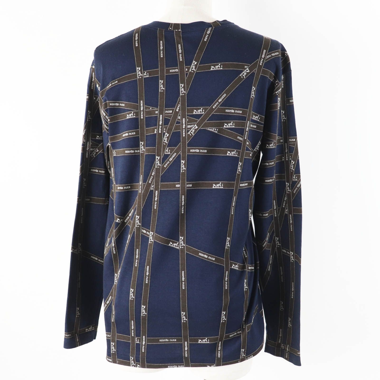 HERMES - 美品◎HERMES エルメス ヴィンテージ ボルデュック リボン柄 コットン 長袖Ｔシャツ ネイビー ブラウン S イタリア製 正規品 レディース 美品◎HERMES エルメス ヴィンテージ ボルデュック リボン柄