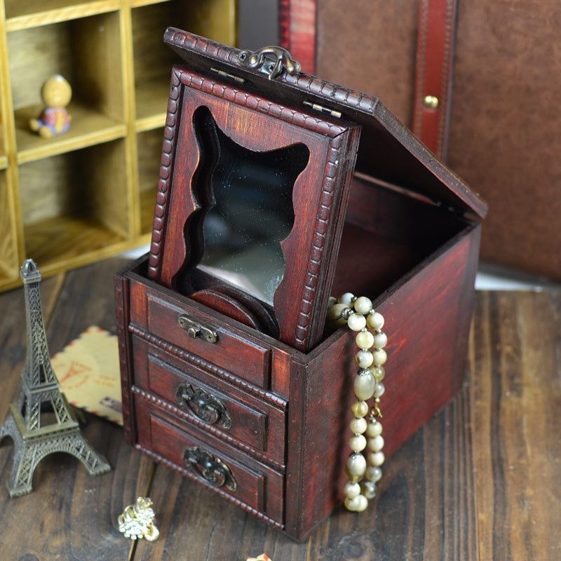 木製 ミラー付きミニチェスト アンティーク アクセサリー収納