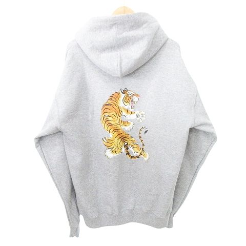 ワコマリア WACKO MARIA 24FW 美品 タグ付き TIM LEHI PULLOVER HOODED SWEAT SHIRT 裏起毛 フーディ スウェット バックプリント トップス トラ柄 タイガー アームプリント Lサイズ グレー AA