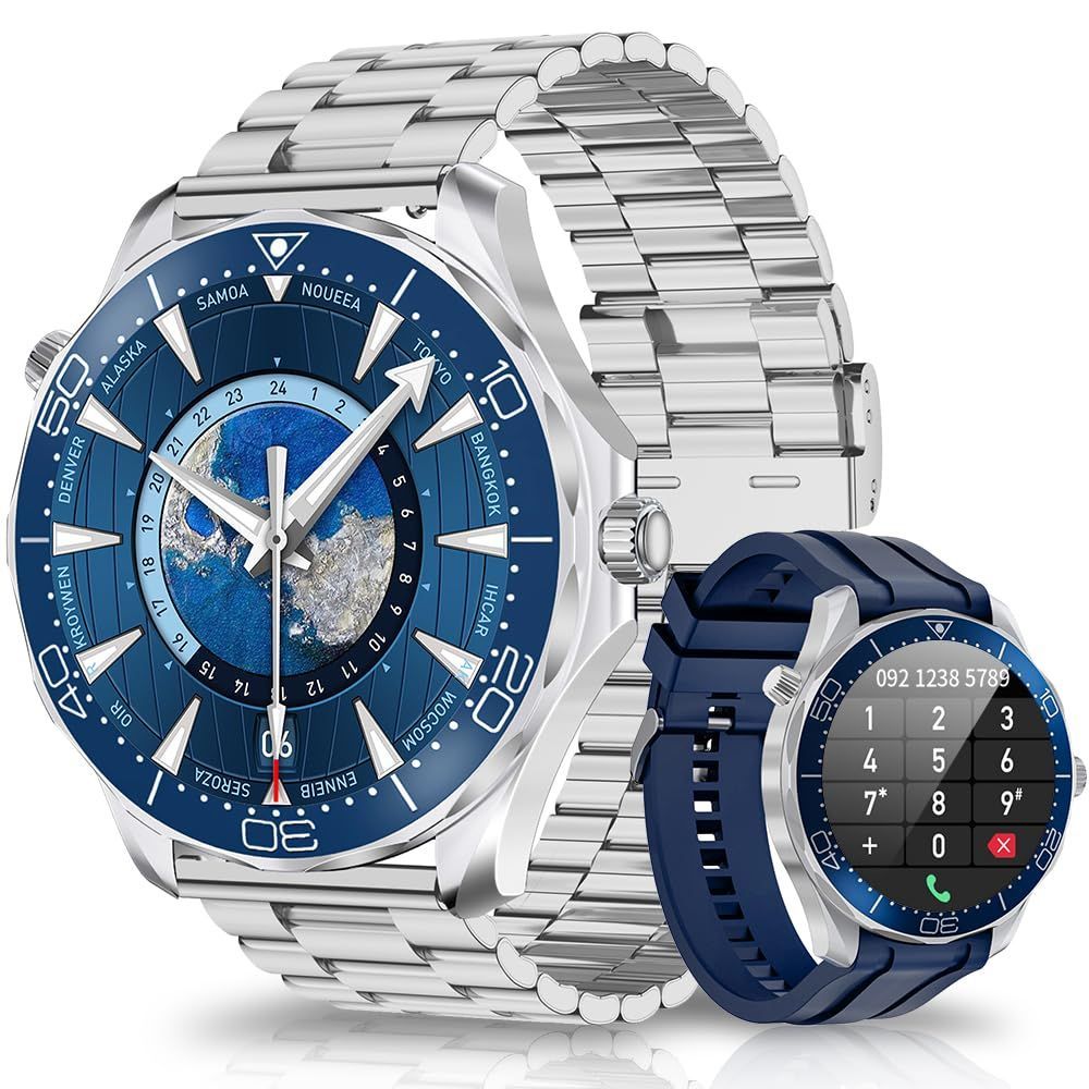 スマートウォッチ 丸型 2本バンド Bluetooth5.2通話 Smart Watch 1.52インチ サファイアガラスディスプレイ 100種類運動モード IP68防水 コンパス スポーツウォッチ 着信通知 Line/メッセージ通知 文字