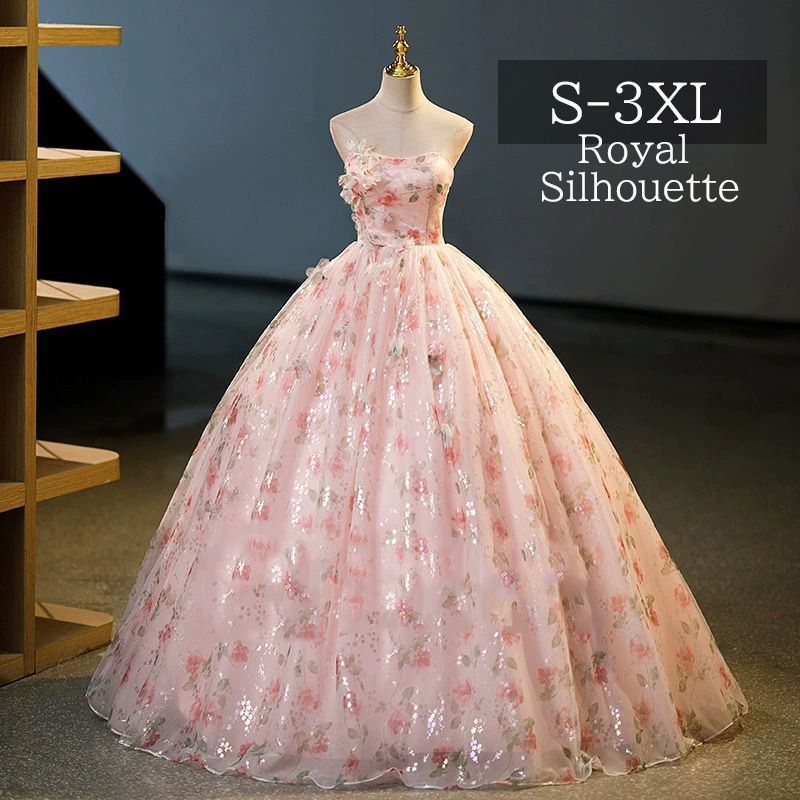 パーティドレス イブニングドレス ピンク 花柄 オフショルダー 大きいサイズ 結婚式 パーティー 謝恩会 ミニスカート S M L XL LL 2XL XXL 3XL XXXL チューブトップ プリンセス 豪華 花嫁 披露宴 透け感 花 フラワー