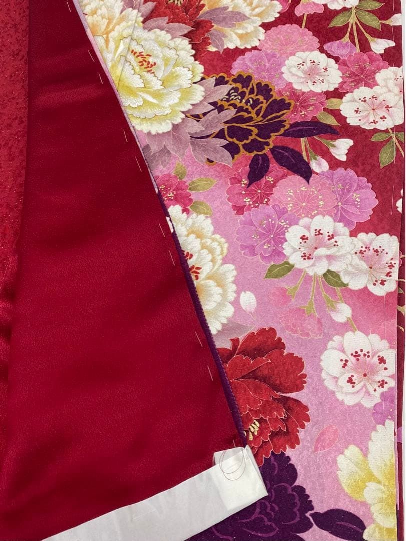 京友禅 振袖 仮絵羽 金通し 刺繍 金彩 大輪 牡丹 正絹 未仕立て品 八掛