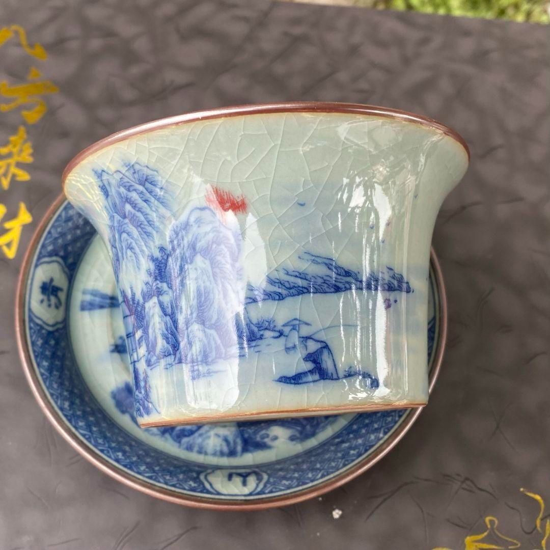 景徳鎮 青花山水馬蹄三才蓋碗 茶碗 煎茶器 中国茶器 新品未使用