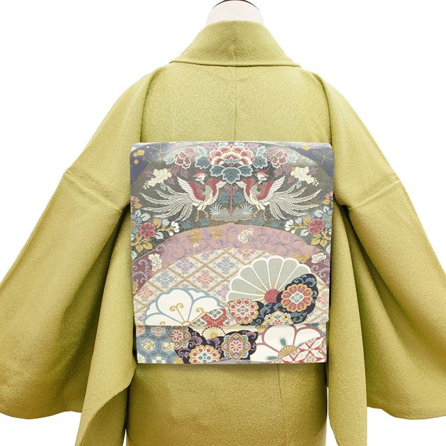 新古品 袋帯 フォーマル 正絹 京都 西陣 金銀糸 くすみ ピクグレー 青藤色 薄ベージュ ブルーグレー 向かい鳥 菊 華文 花唐草 宝尽くし 春 秋 冬 袋帯 仕立て上がり みやがわ sb54519