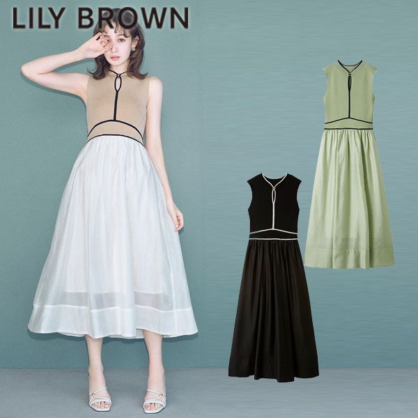 10%OFF リリーブラウン LILY BROWN ワンピース 25春夏 ラインニットドッキングワンピース ノースリーブ ロング丈 lwno252049