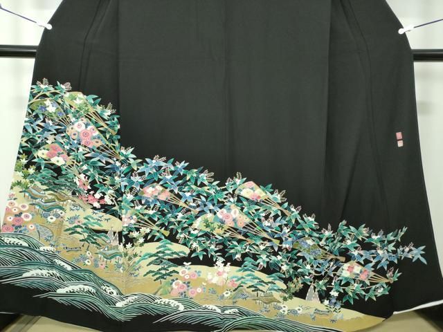 平和屋着物○豪華黒留袖 友禅 作家物 立波風景花文 正絹 逸品 未使用