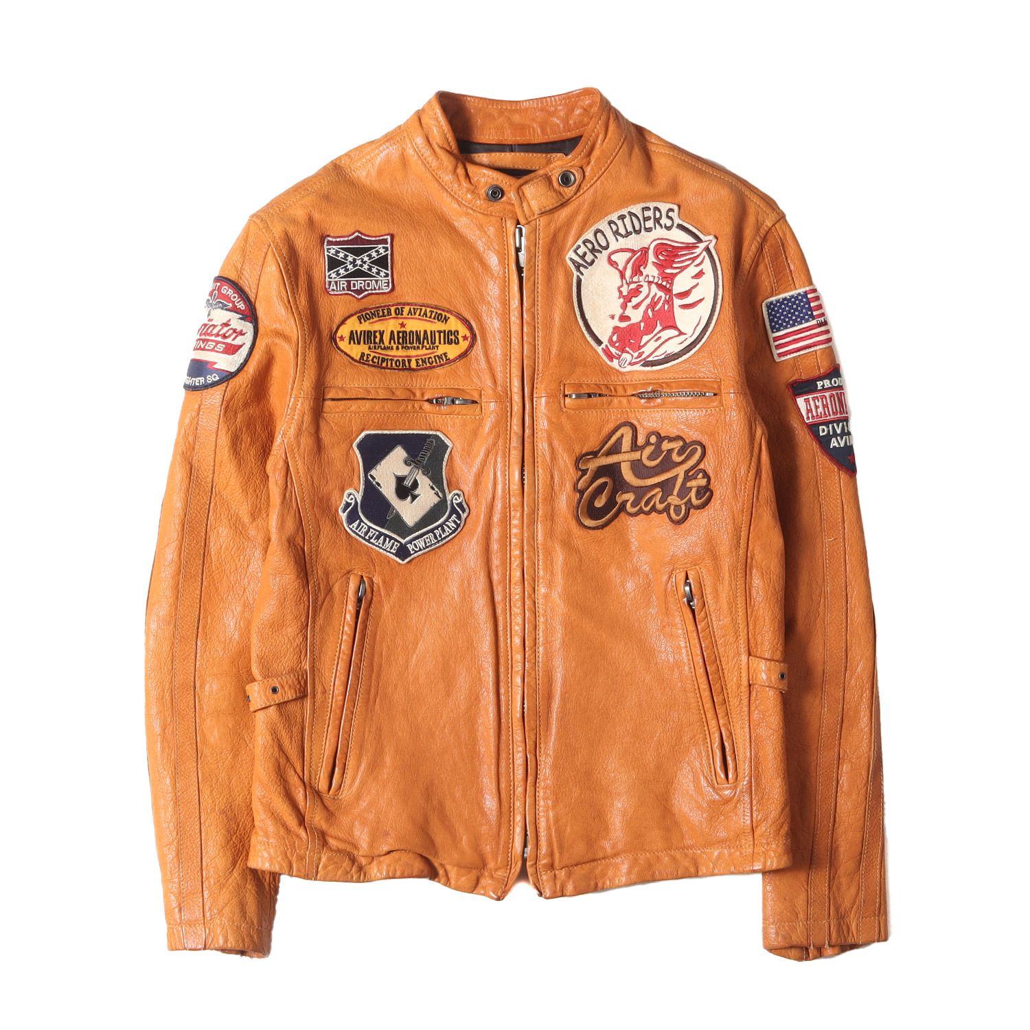 AVIREXレザー ライダースジャケット キャメル色 複数エンブレム付き AVIREXレザー ライダースジャケット キャメル色 複数エンブレム付き