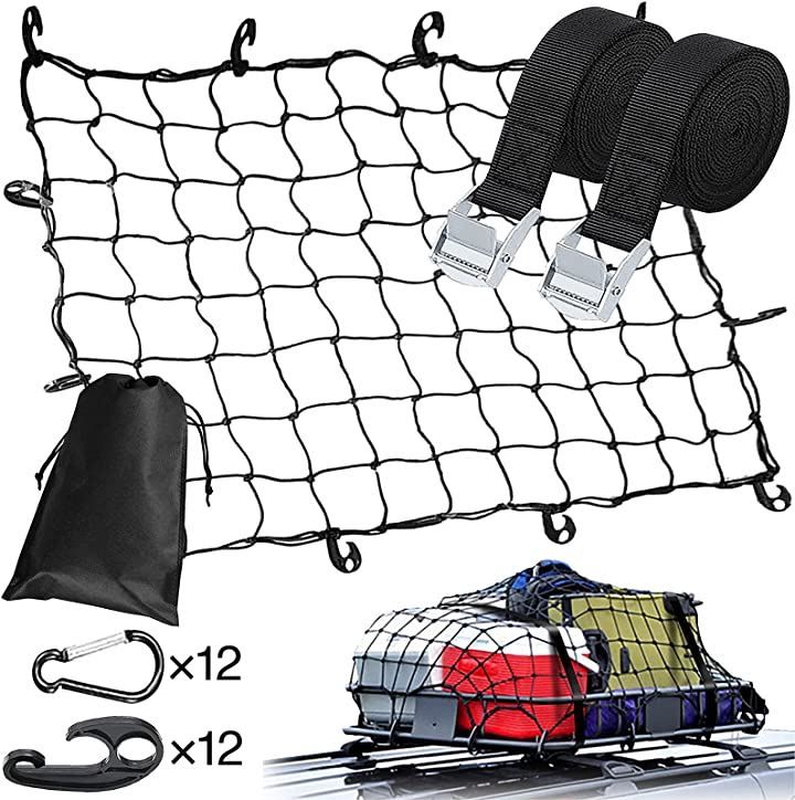 ETLIFE カーゴネット 車 荷締めベルト 付き 2.5m x 2本 フックx12 カラビナx12 収納ポーチ付属 荷物落下防止 荷崩れ防止 ルーフネット ラゲッジネット