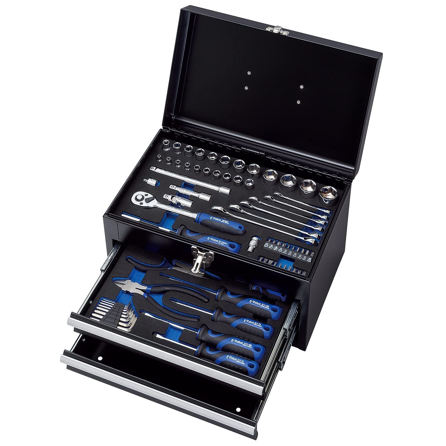 E-Value 整備工具セット ツール70点 ツールチェスト ブラック EVAマットトレー仕様 各種メンテナンス対応 バイク 自動車 DIY 日曜大工向け EST-2270BK