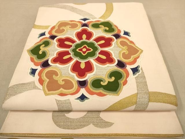 平和屋着物●爪掻き本綴れ　八寸名古屋帯　群れ鳥文　金糸　正絹　逸品　DAAZ3220ob 平和屋着物○爪掻き本綴れ 八寸名古屋帯 正倉院花鳥芝文 金糸 正絹