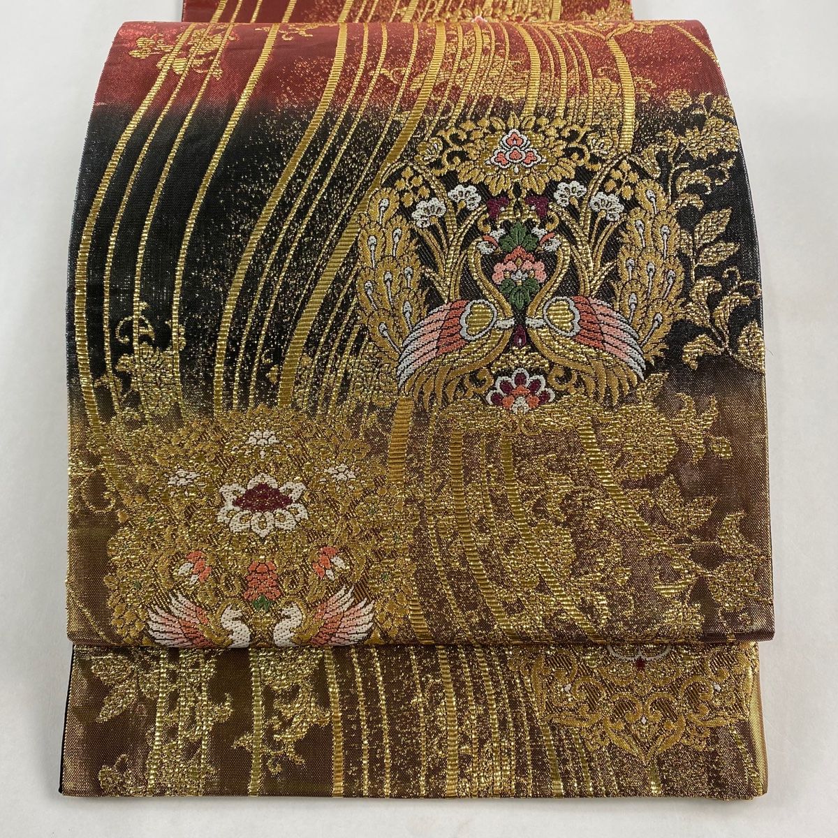 袋帯 美品 秀品 向かい鳥 華文 箔 唐織 黒 六通 正絹 【中古