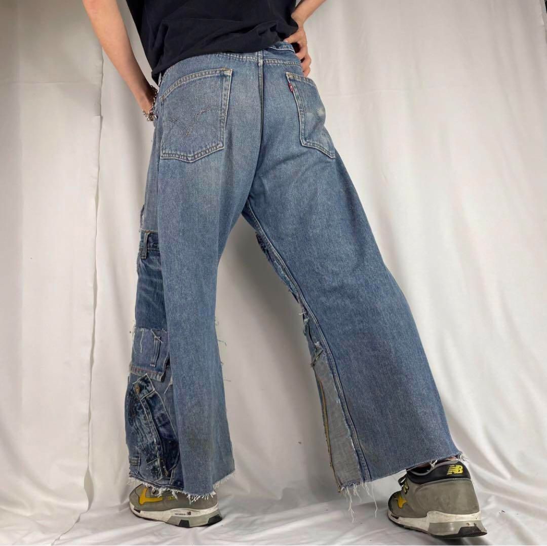 R15【リメイク】デニムフレアパンツ 再構築 袴パンツ y2k パッチ