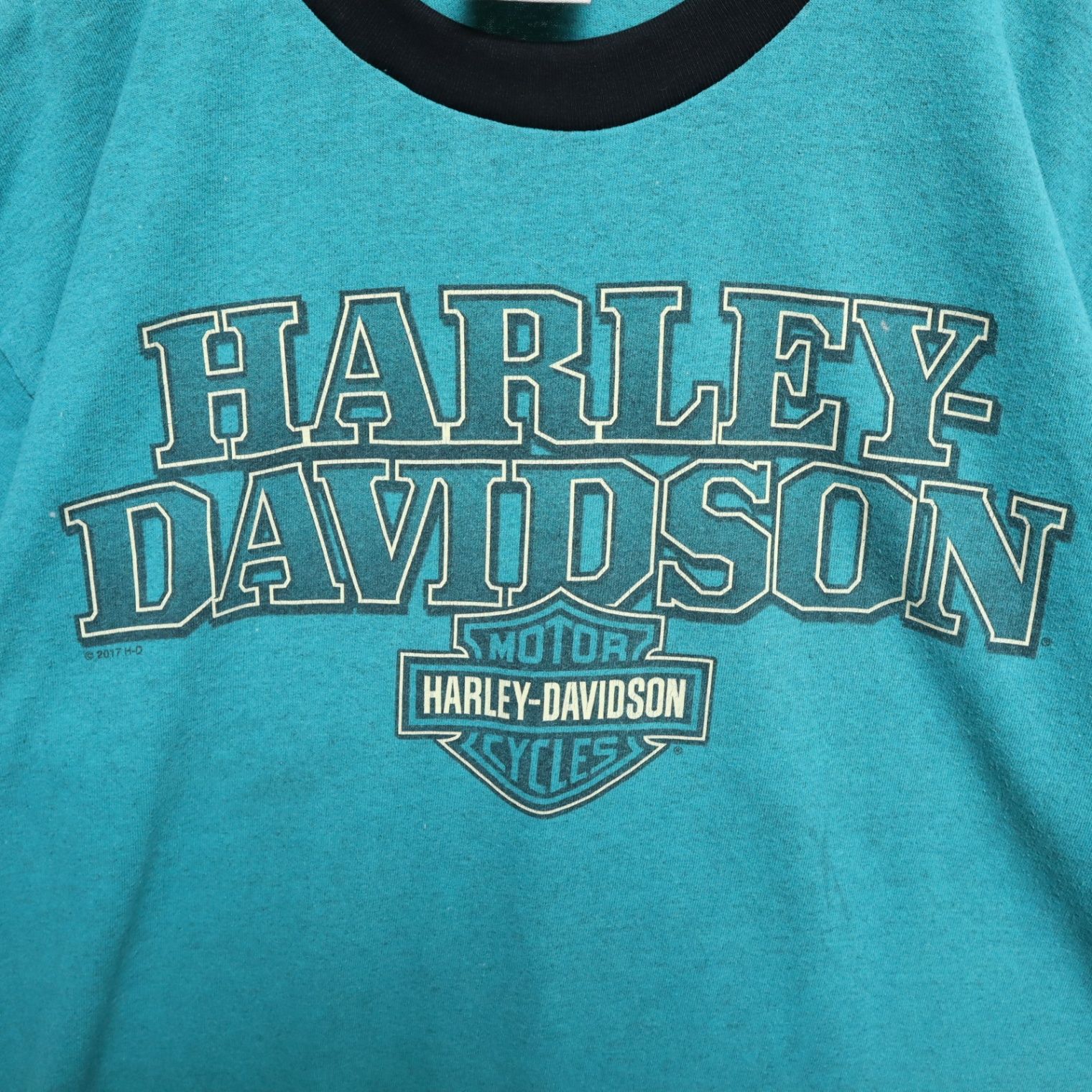 メンズM 【A品】 コピーライト HARLEY DAVIDSON ハーレーダビッドソン  半袖 リンガーTシャツ ビッグロゴ デカロゴ 両面プリント 無地 グリーン 緑 厚手  ヴィンテージ USA古着 K5b620