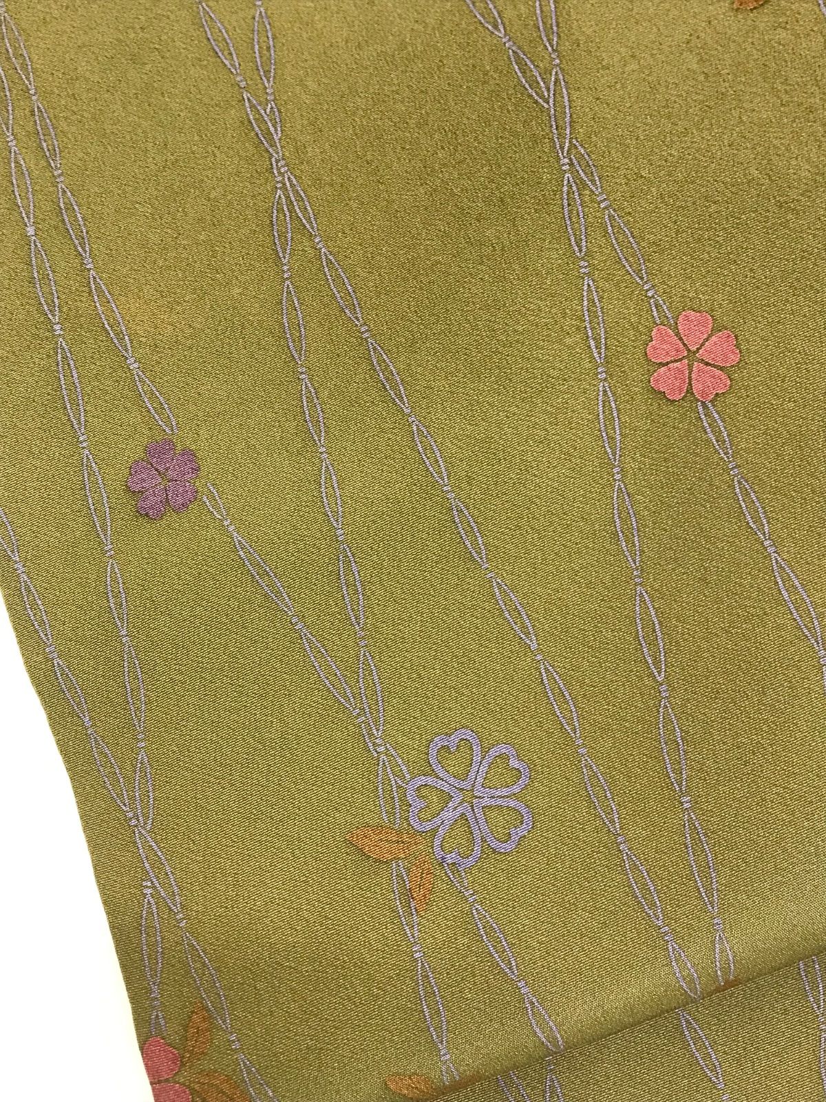 平和屋着物▽塩瀬 九寸名古屋帯 手描き 草花文 正絹 逸品 AAAZ7696wj