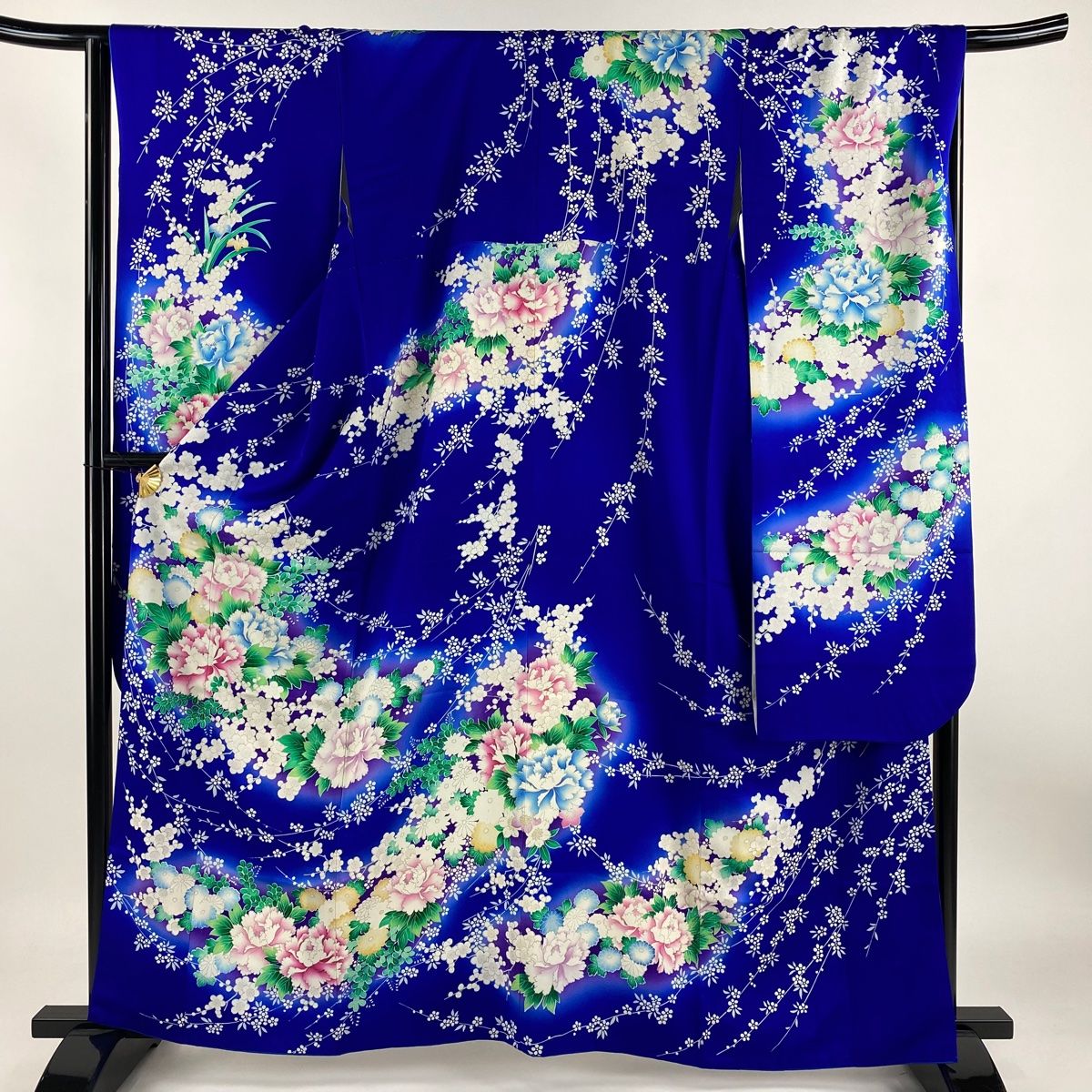 振袖 身丈161cm 裄丈66.5cm M 袷 牡丹 梅 銀彩 ぼかし 青 正絹