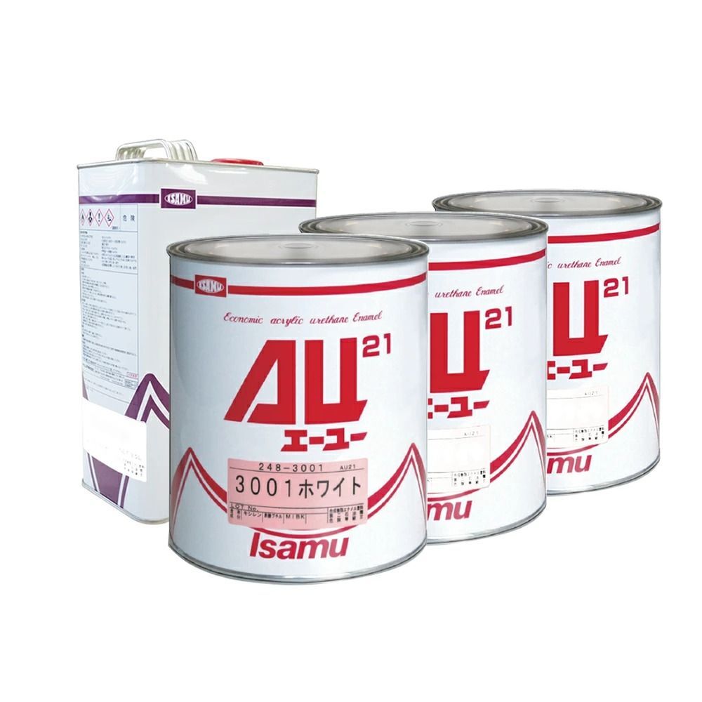イサム塗料 AU21 3001ホワイト 3500ブラック 0714メタリースノーホワイト細目 3705硬化剤 標準 3.5L × 4缶 定番３色セット