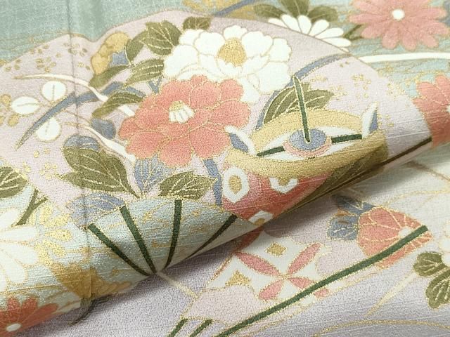 平和屋着物○訪問着 扇面糸巻き飛鶴草花文 暈し染め 金彩 正絹 逸品