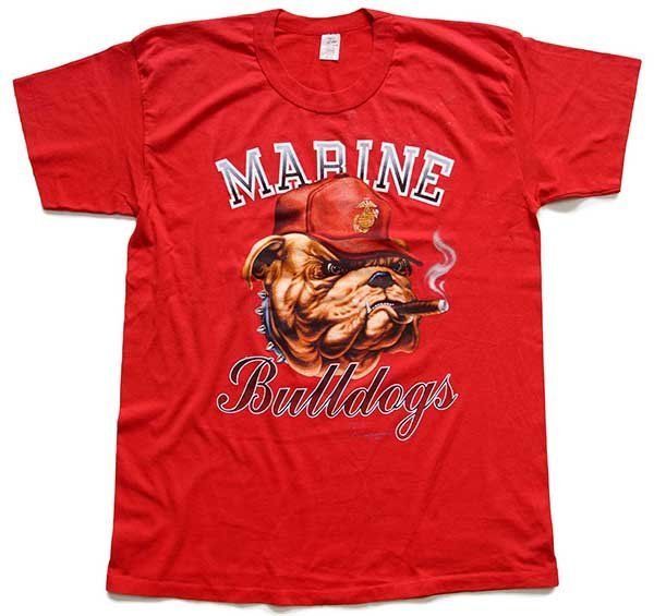 80s USA製 U.S.MARINE Bulldogs ブルドッグ マスコット Tシャツ 赤 XL 