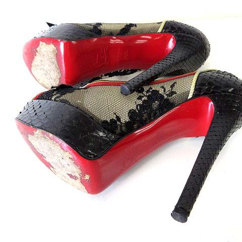 Christian Louboutin 赤黒 オープントゥ ハイヒール 正規品 クリスチャンルブタン パンプス オープントゥ 赤 黒