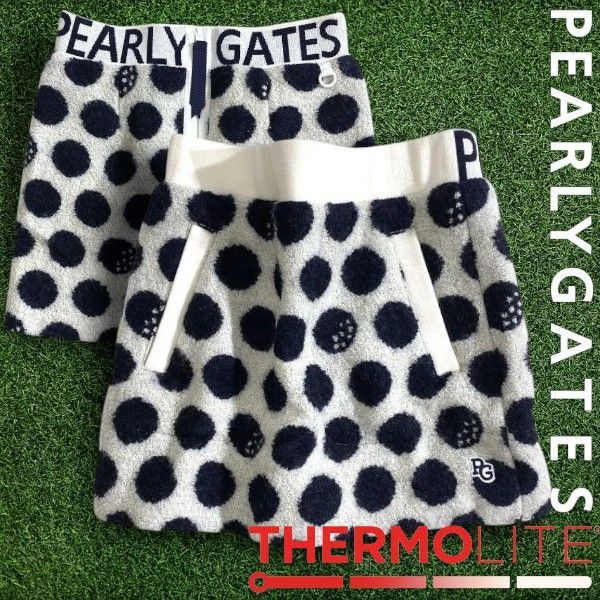 PEARLY GATES パーリーゲイツ ゴルフ 軽量保湿素材 THERMOLITE リングチェック BIGドット柄 総柄 中綿入り ミニ スカート ゴルフウェア レディース 055-2234118 定価3万 オフホワイト ブラック ▲034 51023w04