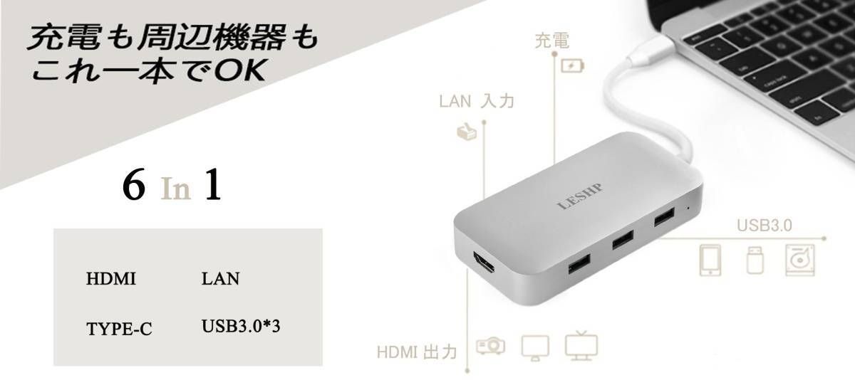 LESHP Type-C USB ハブ Macbook 対応【6in1】超軽量 HDMI 4K USB3.0 LAN 充電可 Macbook2016  Macbook Pro Chromebook 変換ハブ - メルカリ