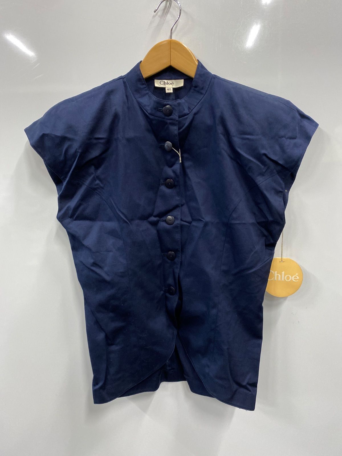 ピ32⚫︎Chloe ⚫︎クロエ⚫︎ヴィンテージ⚫︎レディース⚫︎シャツ⚫︎ブラウス⚫︎ノースリーブ⚫︎肩パット⚫︎タグ付き⚫︎デッドストック⚫︎size40⚫︎紺