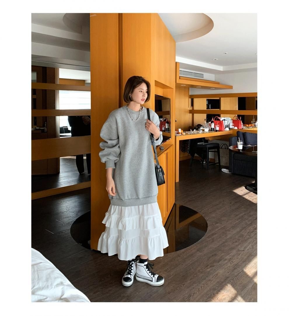 ワンピース 長袖 レディース ロング ロングワンピ クルーネックフリルワンピース トレーナーワンピース 柔らかい シンプル カジュアル かわいい 通勤 通学 ワンピスター 秋冬 体型カバー 女性 xkmilyx47 DZ20